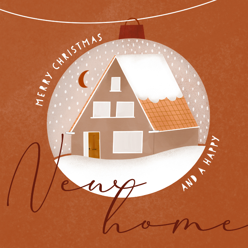 Hippe kerstkaart kerstbal met huisje en sneeuw new home - Kerstkaarten Kerstkaarten - Hippe kerstkaart kerstbal met huisje en sneeuw new home