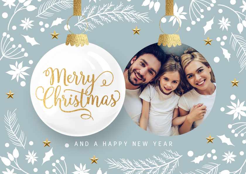 Hippe kerstkaart met foto en kerstballen - Kerstkaarten Kerstkaarten - Hippe kerstkaart met foto en kerstballen