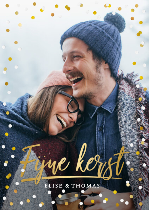 Kerstkaarten - Hippe kerstkaart met grote foto en goud met witte confetti