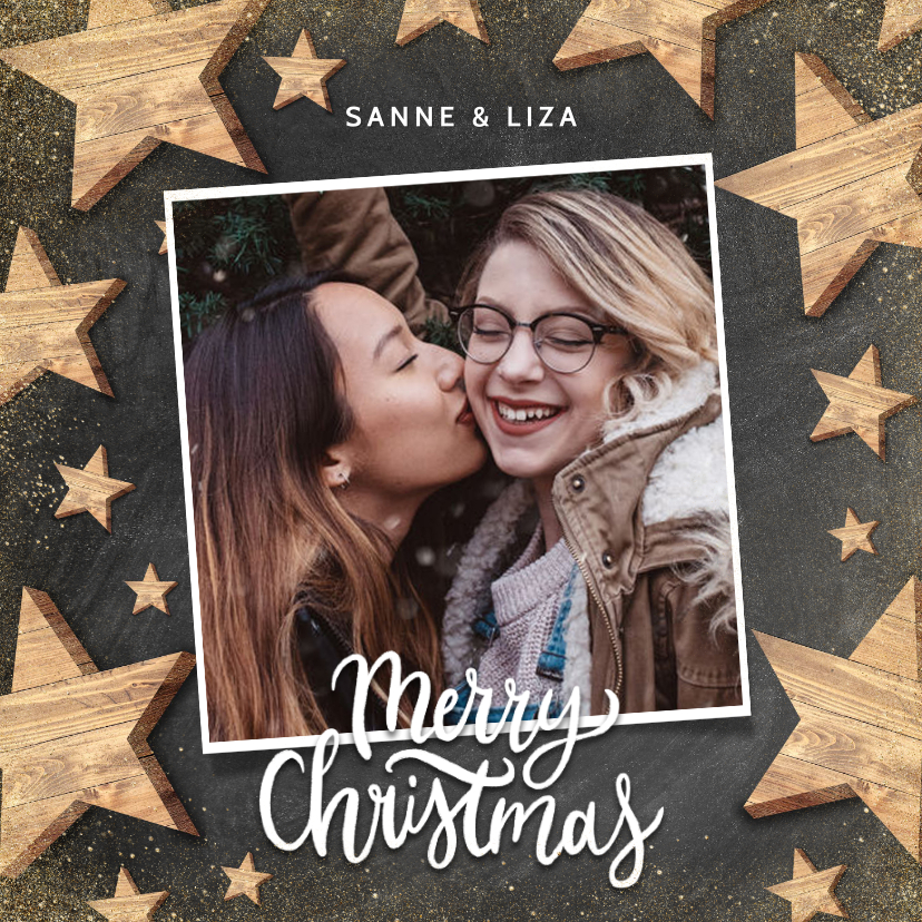Hippe kerstkaart met houten sterren, foto en Merry Christmas - Kerstkaarten Kerstkaarten - Hippe kerstkaart met houten sterren, foto en Merry Christmas