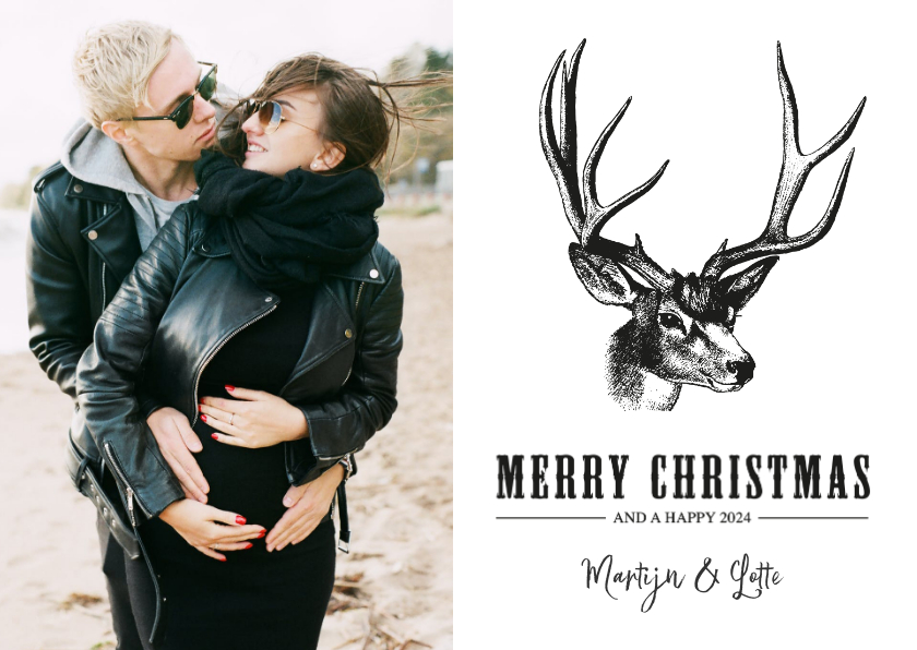 Hippe kerstkaart met rendier illustratie en eigen foto - Kerstkaarten Kerstkaarten - Hippe kerstkaart met rendier illustratie en eigen foto