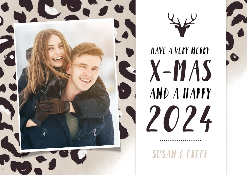 Hippe kerstkaart met taupe panterprint en eigen foto - Kerstkaarten Kerstkaarten - Hippe kerstkaart met taupe panterprint en eigen foto