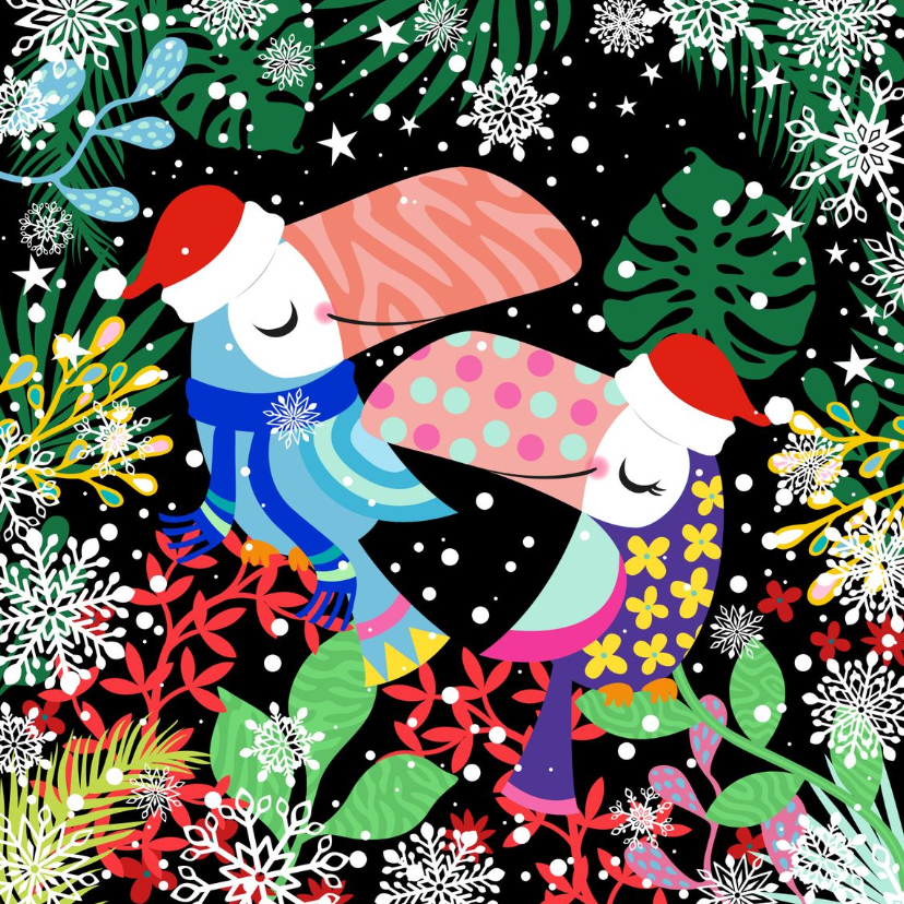 Kerstkaarten - Hippe kerstkaart met toekans en planten in de sneeuw 