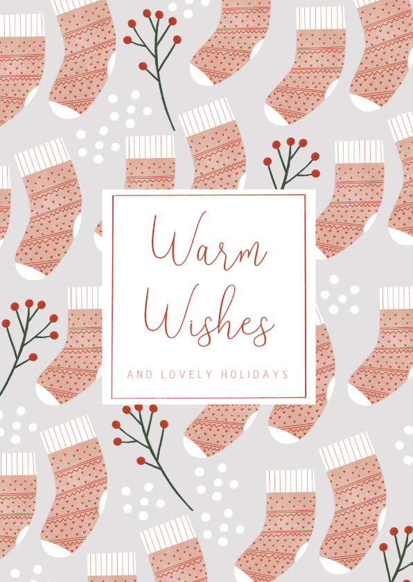 Kerstkaarten - Hippe kerstkaart Warm Wishes sokken patroon en sneeuw
