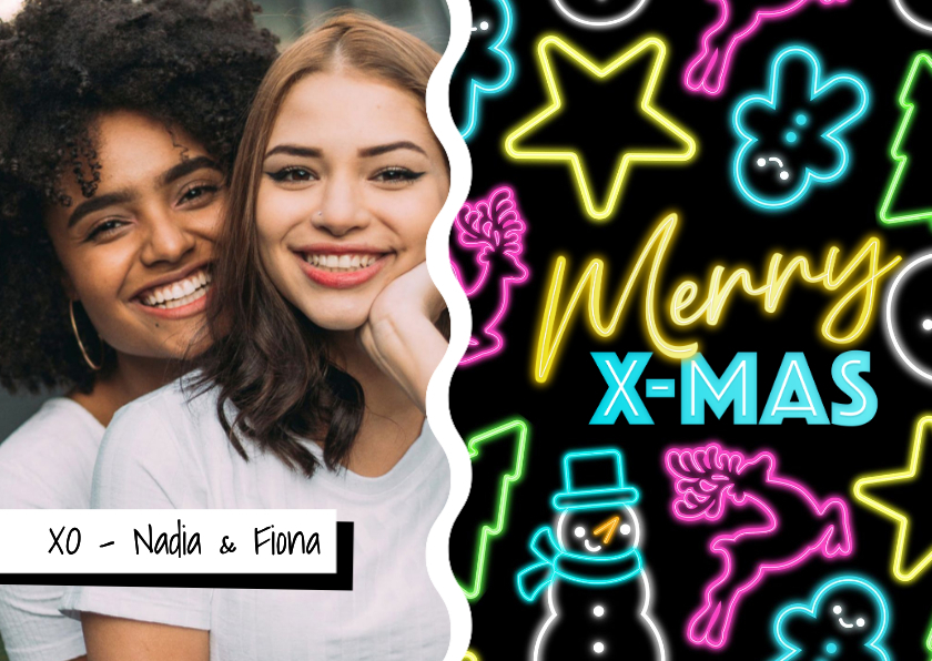 Hippe retro jaren 80 neon kerstkaart met eigen foto - Kerstkaarten Kerstkaarten - Hippe retro jaren 80 neon kerstkaart met eigen foto