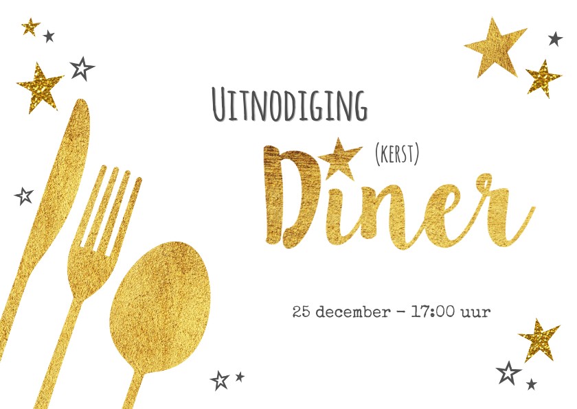 Hippe uitnodiging (kerst) diner goud sterren en bestek - Kerstkaarten Kerstkaarten - Hippe uitnodiging (kerst) diner goud sterren en bestek