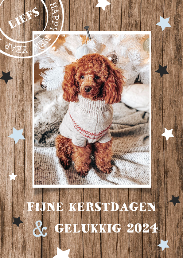 Houtlook kerstkaart met grote foto en sterren - Kerstkaarten Kerstkaarten - Houtlook kerstkaart met grote foto en sterren