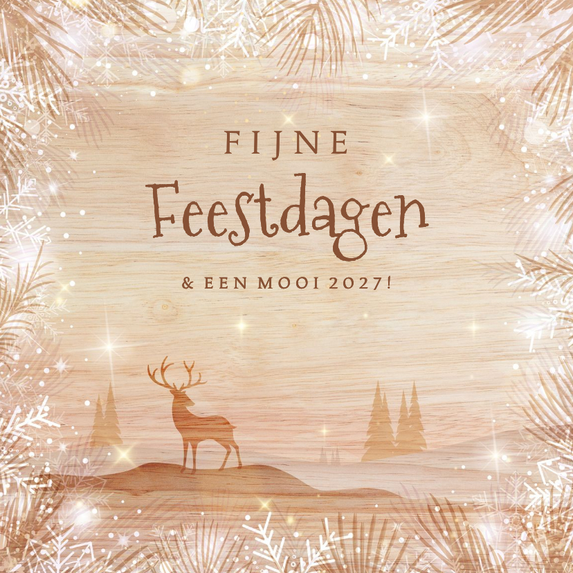 Houtlook kerstkaart met rendier in landschap en sneeuwborder - Kerstkaarten Kerstkaarten - Houtlook kerstkaart met rendier in landschap en sneeuwborder