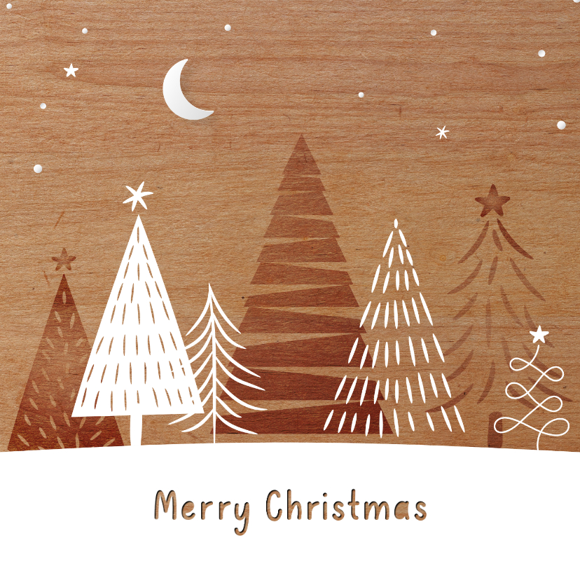 Houtlook kerstkaart stijlvol artistiek getekende kerstbomen - Kerstkaarten Kerstkaarten - Houtlook kerstkaart stijlvol artistiek getekende kerstbomen