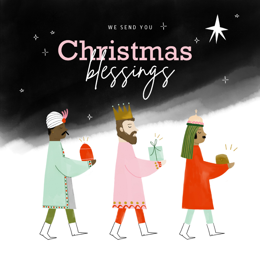 Kerstkaarten - Illustratieve kerstkaart 3 koningen christmas blessings 