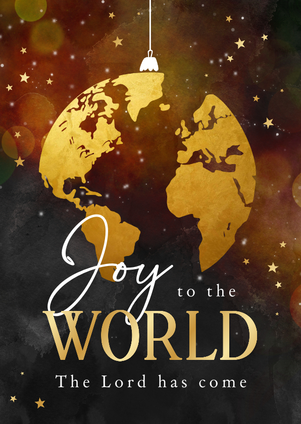 Kerstkaarten - Joy to the world kerstkaart wereldbol kerstbal goud