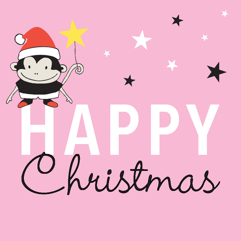Kerst aapje sterren roze - MW - Kerstkaarten Kerstkaarten - Kerst aapje sterren roze - MW
