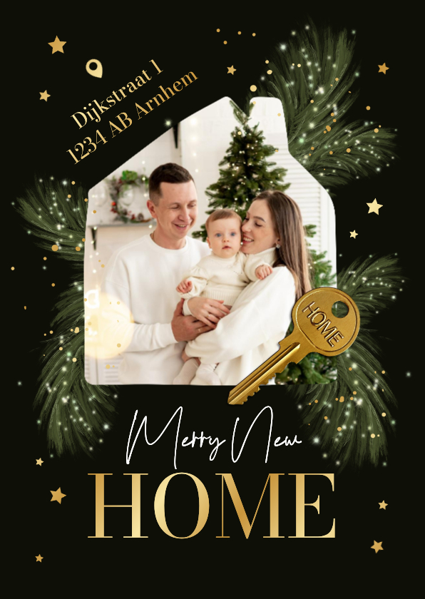 Kerst en verhuiskaart foto huisje sleutel 'merry new home' - Kerstkaarten Kerstkaarten - Kerst en verhuiskaart foto huisje sleutel 'merry new home'