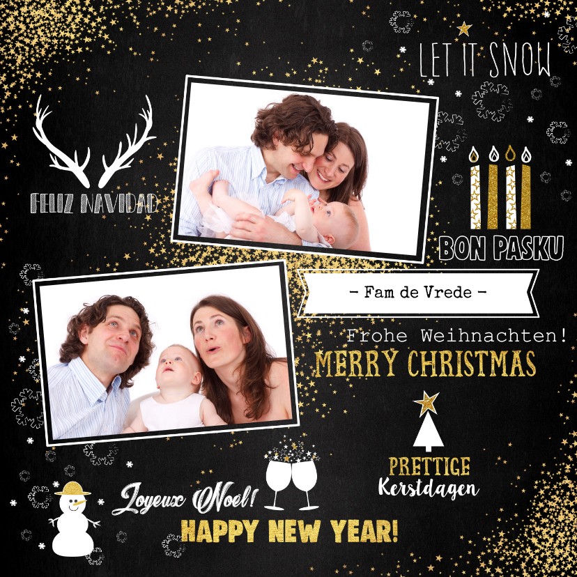 Kerst feestelijke typografische kaart sterren met 2 foto's - Kerstkaarten Kerstkaarten - Kerst feestelijke typografische kaart sterren met 2 foto's
