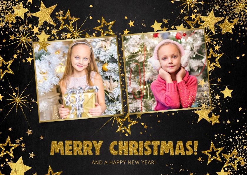 Kerst feestelijke zwarte fotokaart met vele gouden sterren - Kerstkaarten Kerstkaarten - Kerst feestelijke zwarte fotokaart met vele gouden sterren