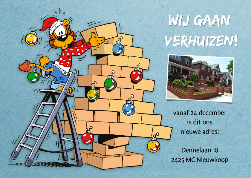 Kerst Loeki met verhuisdozen boom - A - Kerstkaarten Kerstkaarten - Kerst Loeki met verhuisdozen boom - A