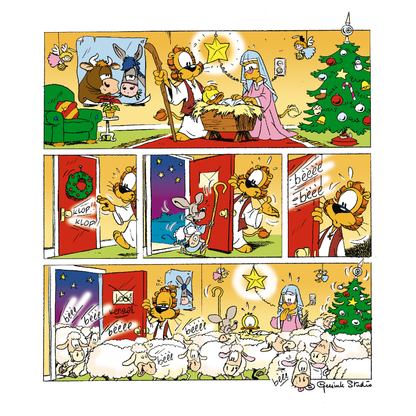 Kerstkaarten - Kerst Loeki strip levende kerststal