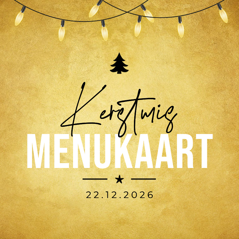 Kerstkaarten - Kerst menukaart lampjes kerstboom goud kerstdiner kerstmis