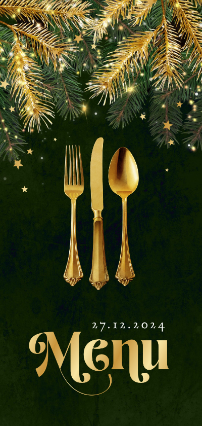 Kerst menukaart stijlvol goud groen sparkles bestek goud - Kerstkaarten Kerstkaarten - Kerst menukaart stijlvol goud groen sparkles bestek goud