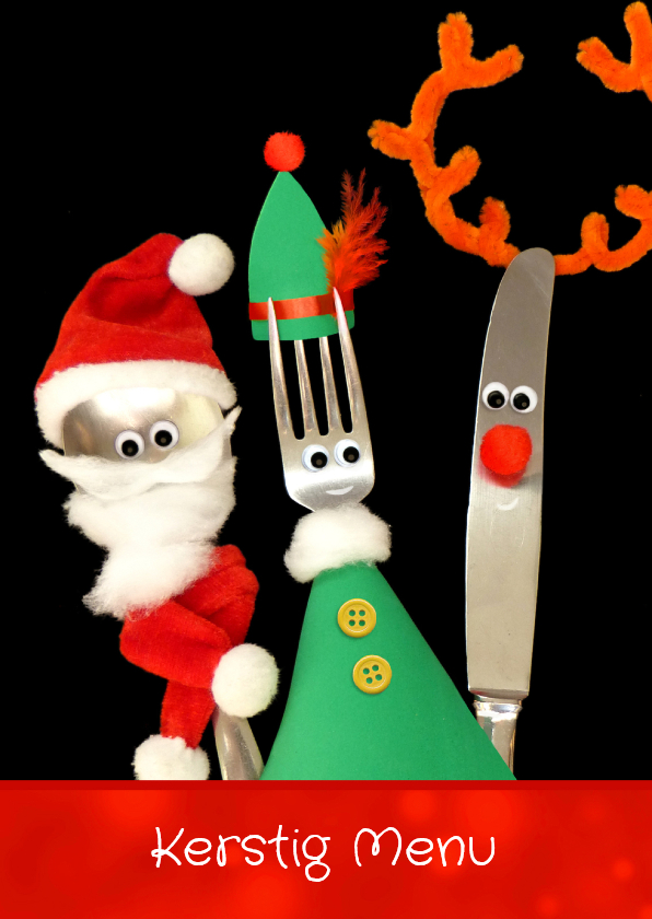 Kerst menukaart vrolijk aangekleed bestek - Kerstkaarten Kerstkaarten - Kerst menukaart vrolijk aangekleed bestek