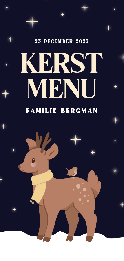 Kerst menukaartje met hertje en sterren - Kerstkaarten Kerstkaarten - Kerst menukaartje met hertje en sterren