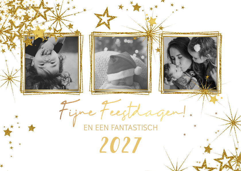Kerst modern kerstkaart met 3 foto's en vele sterren 2027 - Kerstkaarten Kerstkaarten - Kerst modern kerstkaart met 3 foto's en vele sterren 2027