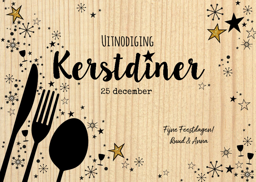 Kerstkaarten - Kerst originele uitnodiging kerstdiner hout en bestek