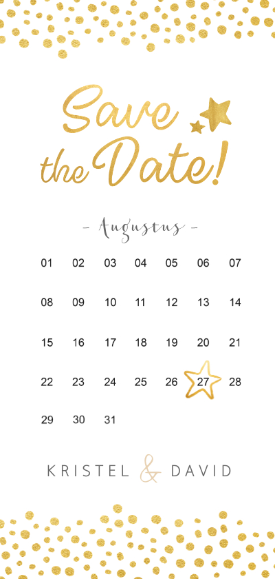 Kerstkaarten - Kerst save the date kaart met kalender en goudlook stippen