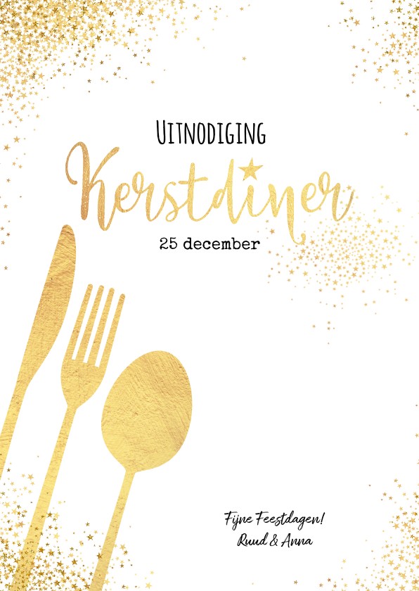 Kerst sfeervolle witte uitnodiging kerstdiner goud bestek - Kerstkaarten Kerstkaarten - Kerst sfeervolle witte uitnodiging kerstdiner goud bestek