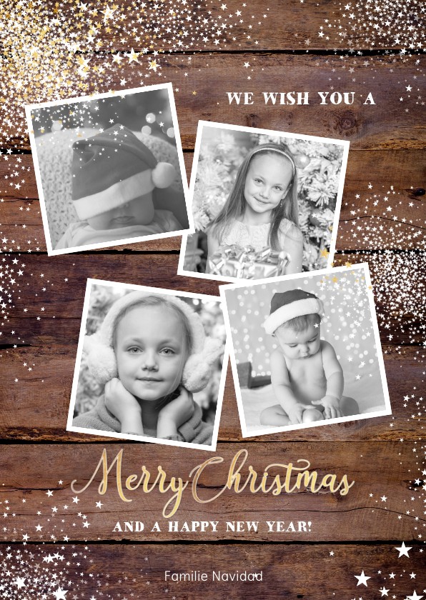Kerst stoere stijlvolle kaart hout met sterren en 4 foto's - Kerstkaarten Kerstkaarten - Kerst stoere stijlvolle kaart hout met sterren en 4 foto's
