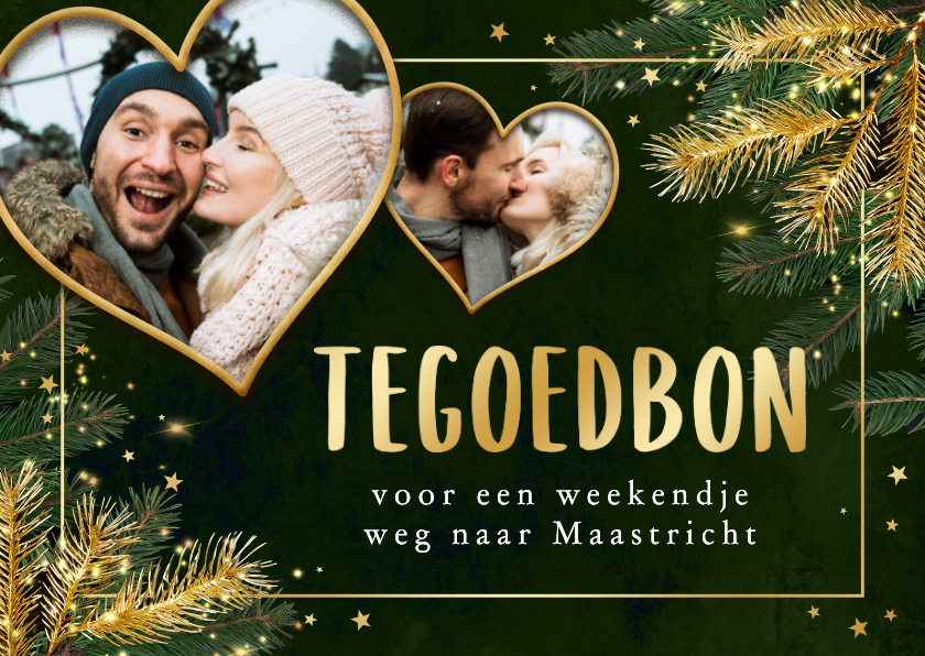 Kerst tegoedbon dennentakken goud sterretjes foto's hartjes - Kerstkaarten Kerstkaarten - Kerst tegoedbon dennentakken goud sterretjes foto's hartjes