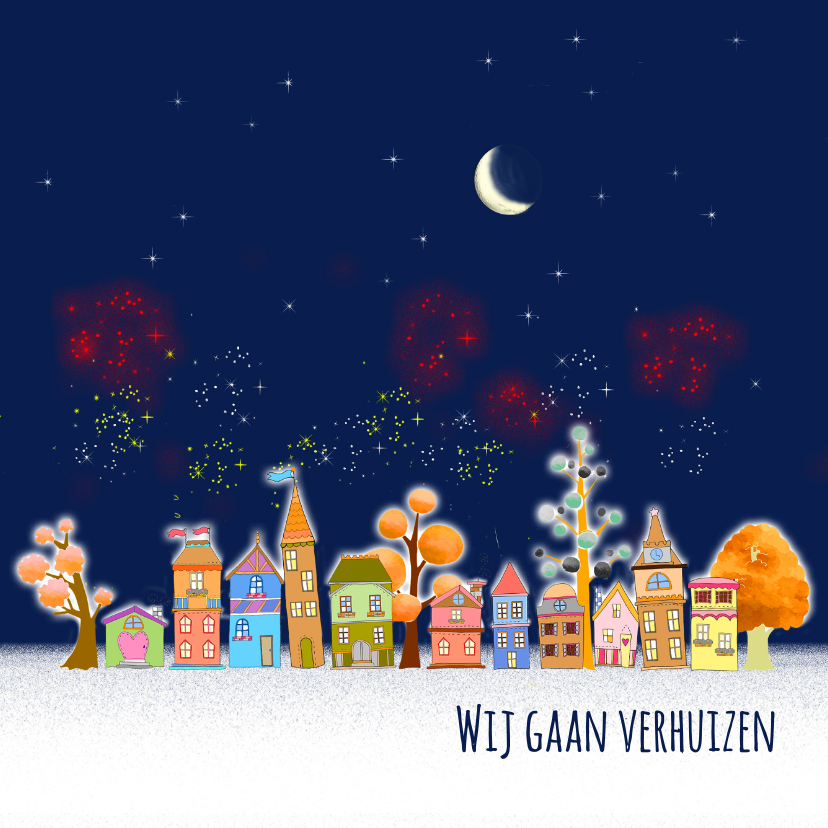 Kerst-verhuis, huisjes vuurwerk - Kerstkaarten Kerstkaarten - Kerst-verhuis, huisjes vuurwerk