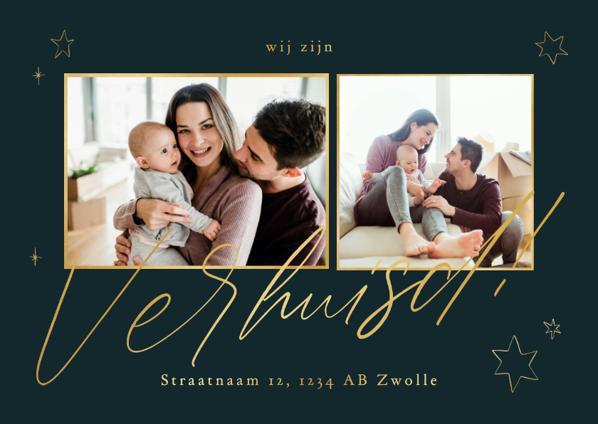 Kerst-verhuiskaart 2 foto's goud met inkt sterren - Kerstkaarten Kerstkaarten - Kerst-verhuiskaart 2 foto's goud met inkt sterren