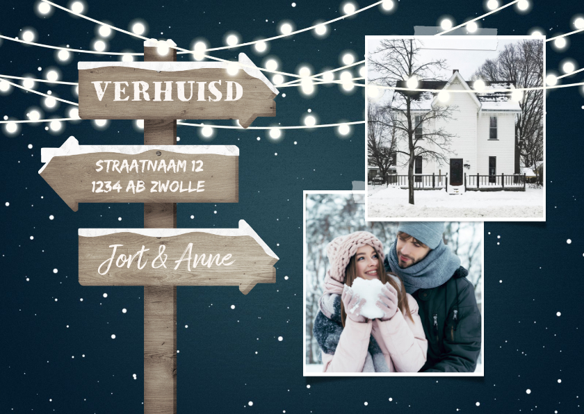 Kerst-verhuiskaart 2 foto's met lampjes en wegwijzerbord - Kerstkaarten Kerstkaarten - Kerst-verhuiskaart 2 foto's met lampjes en wegwijzerbord