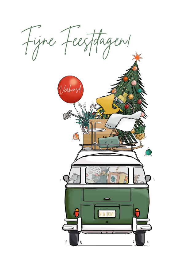 Kerst verhuiskaart achterkant busje met kerstboom - Kerstkaarten Kerstkaarten - Kerst verhuiskaart achterkant busje met kerstboom