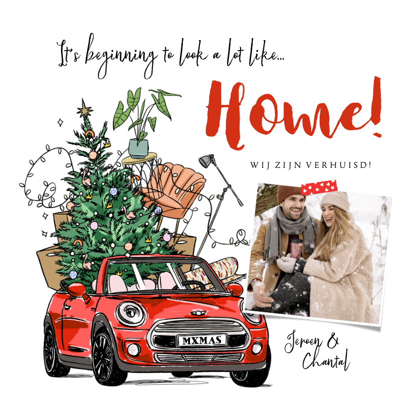 Kerst verhuiskaart auto kerstboom verhuisdozen meubels foto - Kerstkaarten Kerstkaarten - Kerst verhuiskaart auto kerstboom verhuisdozen meubels foto