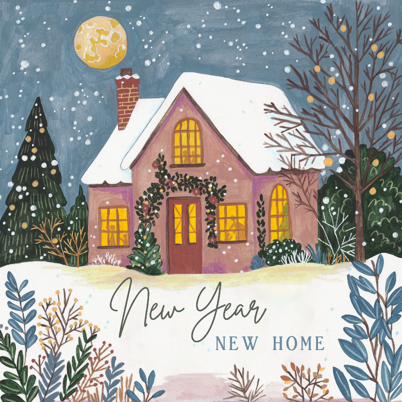 Kerstkaarten - Kerst verhuiskaart huisje in de sneeuw