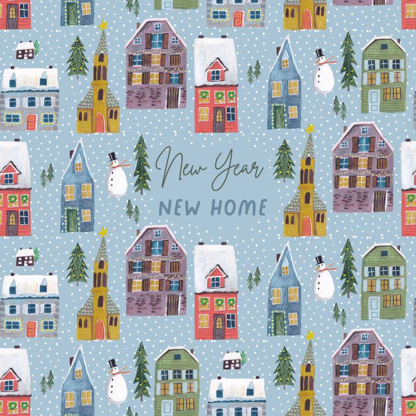 Kerst verhuiskaart huisjes in de sneeuw - Kerstkaarten Kerstkaarten - Kerst verhuiskaart huisjes in de sneeuw