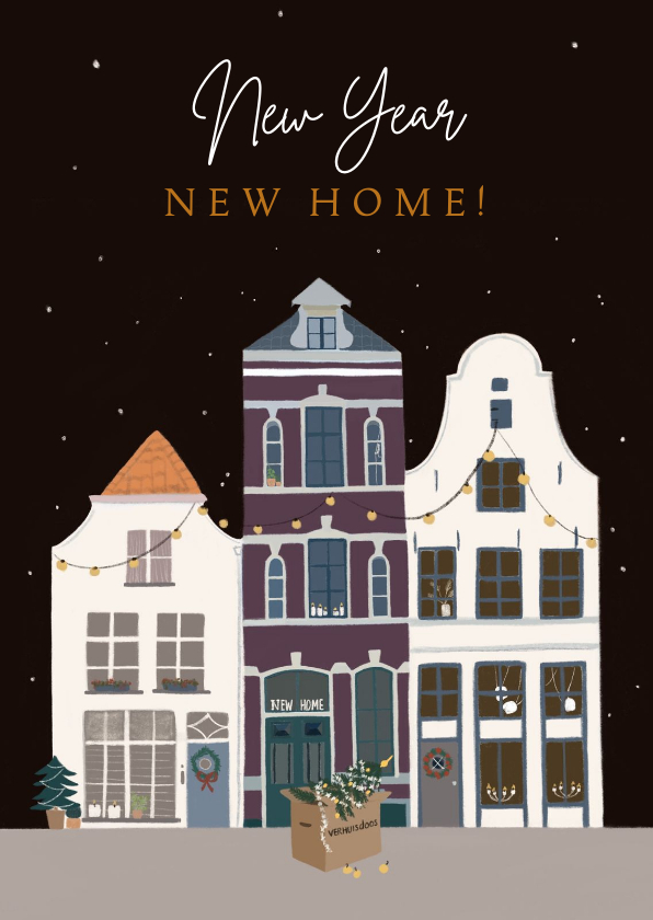 Kerst verhuiskaart huizen in kerstsfeer - Kerstkaarten Kerstkaarten - Kerst verhuiskaart huizen in kerstsfeer