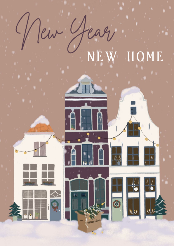 Kerst verhuiskaart huizen in sneeuw - Kerstkaarten Kerstkaarten - Kerst verhuiskaart huizen in sneeuw