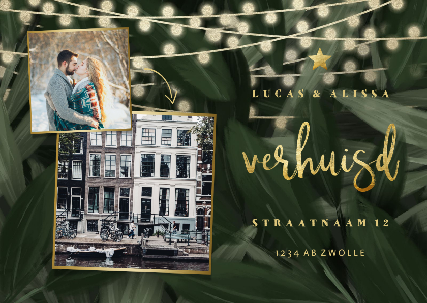 Kerst-verhuiskaart jungle bladeren met gouden accenten - Kerstkaarten Kerstkaarten - Kerst-verhuiskaart jungle bladeren met gouden accenten