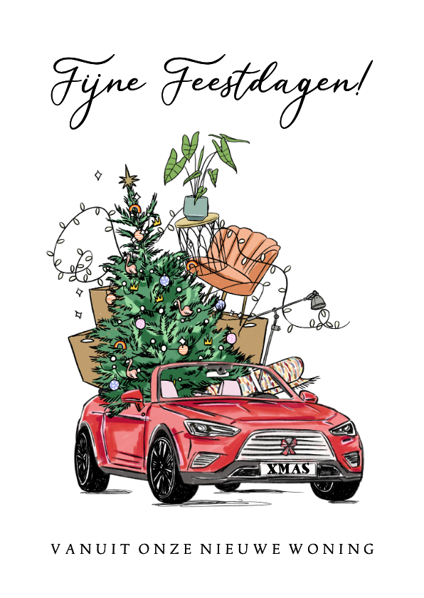 Kerst verhuiskaart met auto kerstboom en verhuisdozen - Kerstkaarten Kerstkaarten - Kerst verhuiskaart met auto kerstboom en verhuisdozen