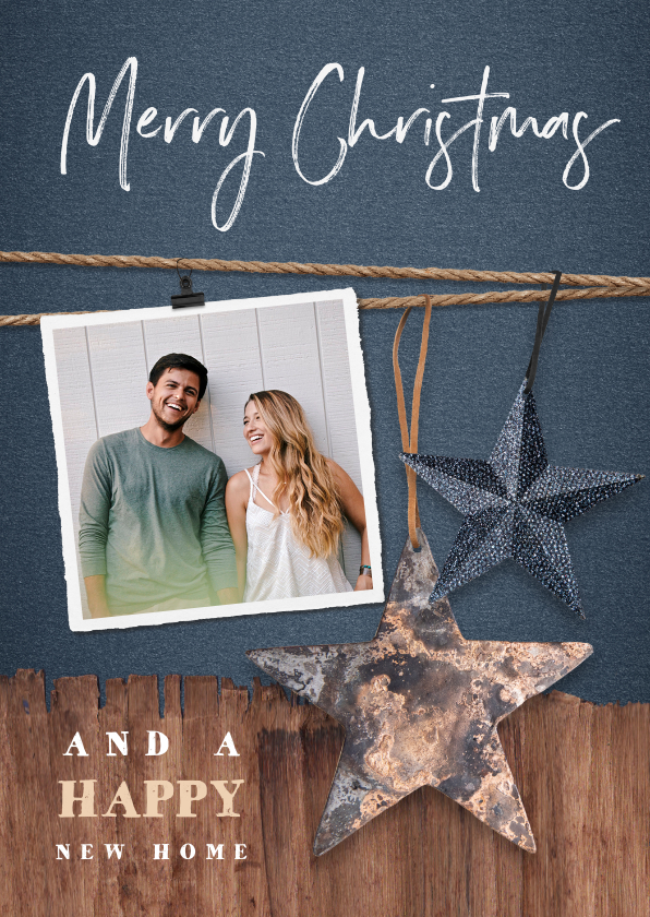 Kerst verhuiskaart met hout, sterren en foto's - Kerstkaarten Kerstkaarten - Kerst verhuiskaart met hout, sterren en foto's