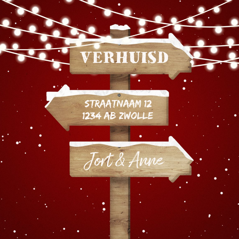 Kerst-verhuiskaart met lampjes, sneeuw en wegwijzerbord - Kerstkaarten Kerstkaarten - Kerst-verhuiskaart met lampjes, sneeuw en wegwijzerbord