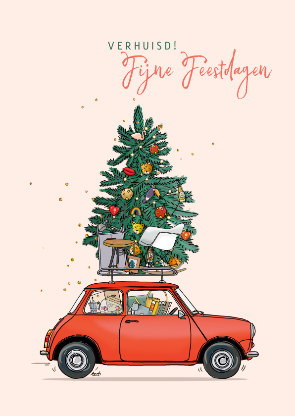 Kerstkaarten - Kerst verhuiskaart mini rood met kerstboom