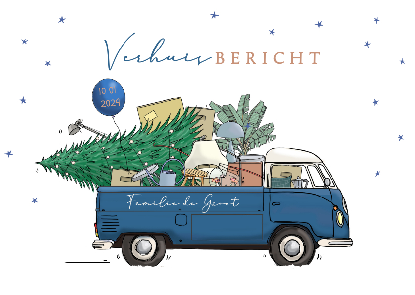 Kerst verhuiskaart pickup blauw met verhuisspullen - Kerstkaarten Kerstkaarten - Kerst verhuiskaart pickup blauw met verhuisspullen