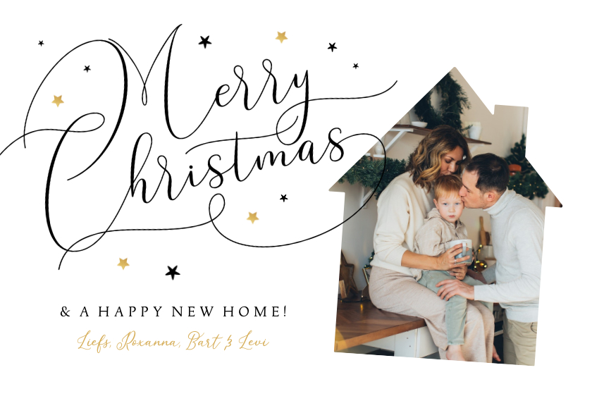 Kerstkaarten - Kerst verhuiskaart stijlvol kalligrafie sterren goud huis
