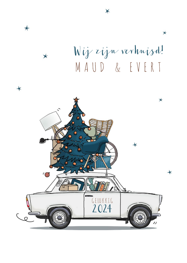 Kerstkaarten - Kerst verhuiskaart Trabant wit met blauwe kerstboom