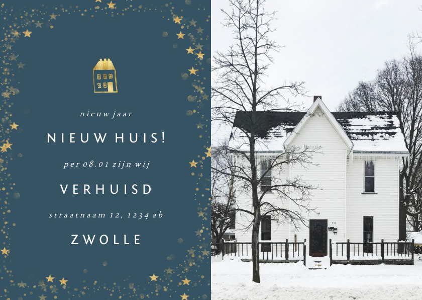 Kerst-verhuiskaartje met foto en gouden huisje - Kerstkaarten Kerstkaarten - Kerst-verhuiskaartje met foto en gouden huisje