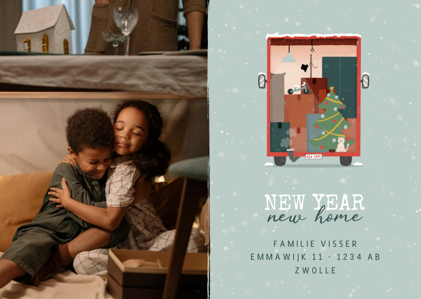 Kerst verhuiskaartje met verhuiswagen en foto - Kerstkaarten Kerstkaarten - Kerst verhuiskaartje met verhuiswagen en foto